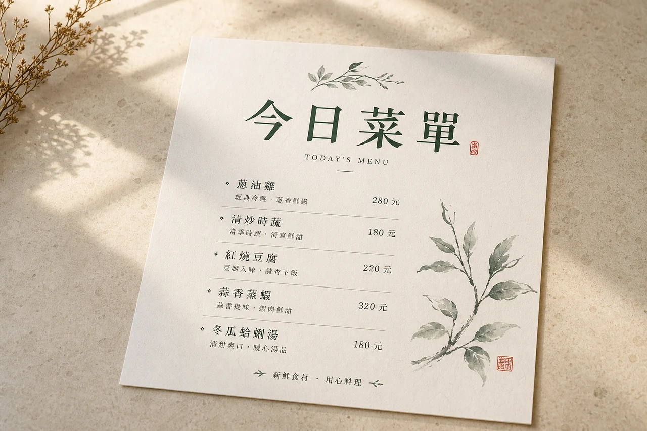 自然單頁菜單 成品示意
